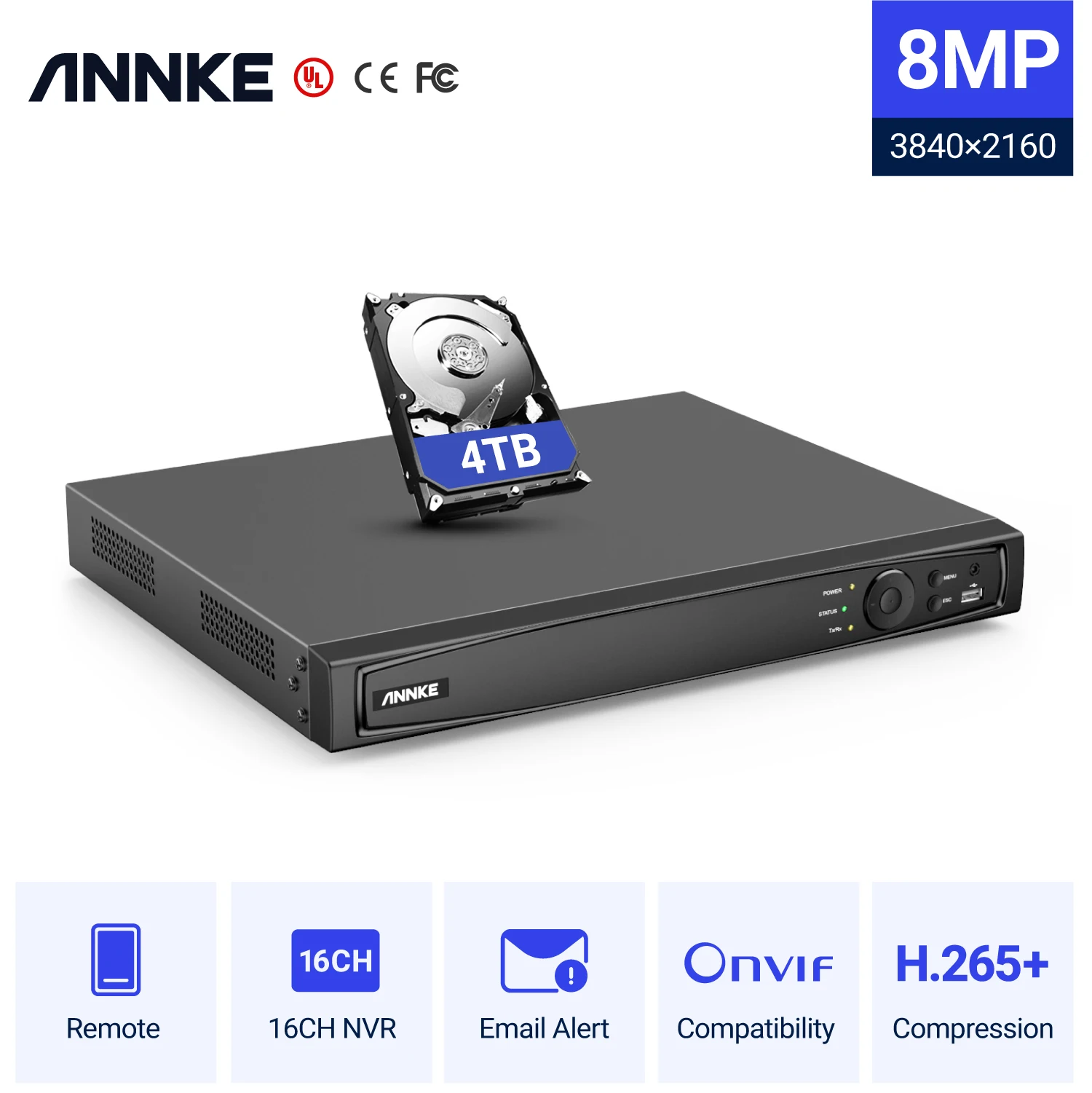 ANNKE H.265+ 16CH 4K POE NVR 2SATA MAX 6TB Motion Detection Remote Access NVR Recorder with 4T Hard Drive