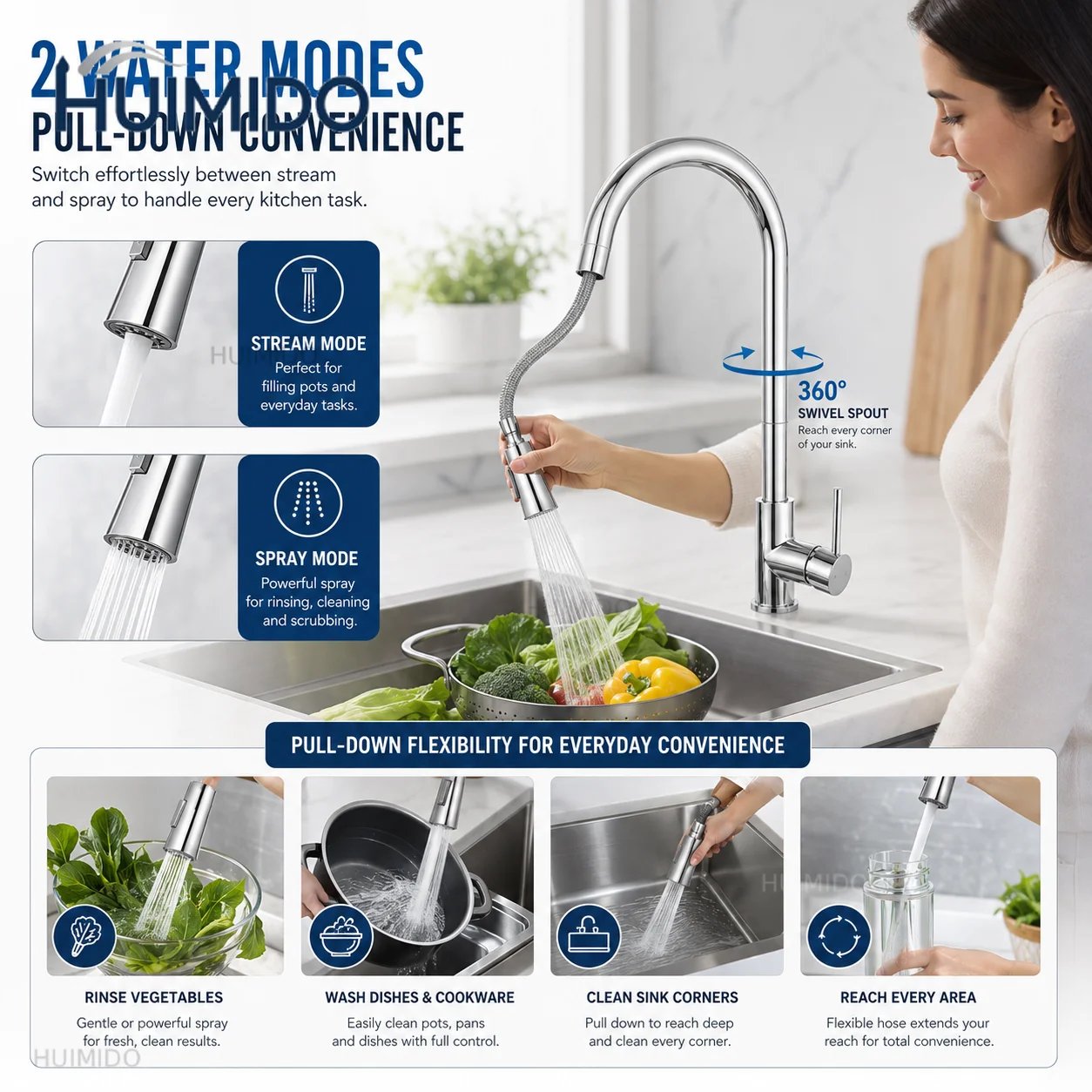 Brass drop-down kitchen faucet, single handle sink mixing faucet, hot and cold water Bravo