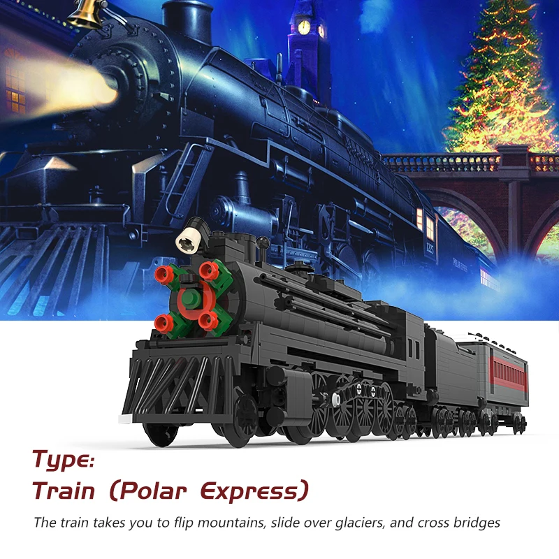 Polar Express MOC-Bausteine, Weihnachtszauberlokomotive, Feiertagsfilm-inspiriertes Zugset für Familien