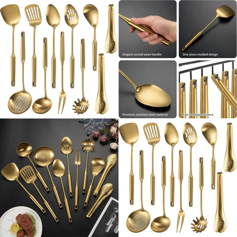 

Набор кухонной утвари из матовой нержавеющей стали, 11 предметов, с лопаткой, ложкой, ковшом, скиммером, токаром, макаронным сервером, щипцами - Gol