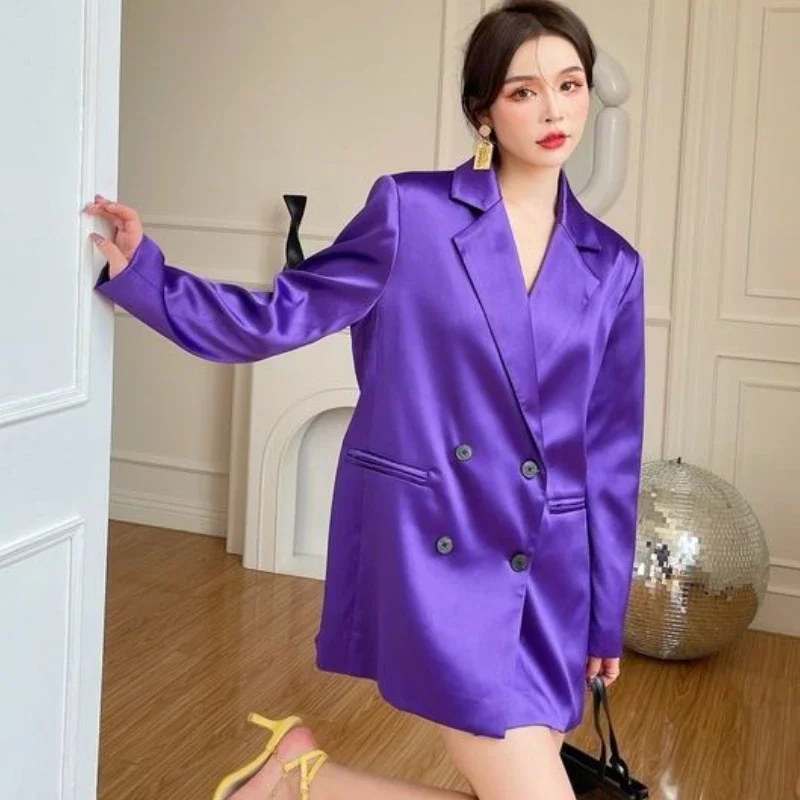 Women\'s Green Satin Blazers Coat Faux Silk Woman Suits Jacket Spring Autumn Thin Turn Down Collar OL Glossy Cardigan Tops