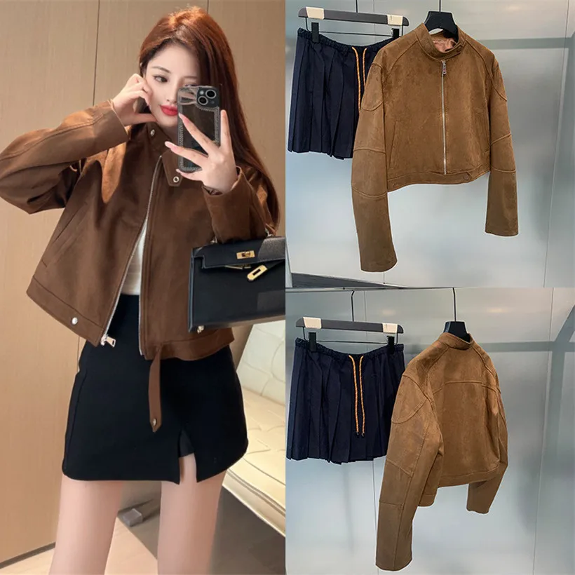 เสื้อโค้ทผู้หญิงสไตล์มิดเซ็นจูรี่ รุ่นไฮเอนด์ ทำจากหนังกลับบอสตัน สีเขียวมรกต แบบบาง ใส่ได้ในฤดูหนาว