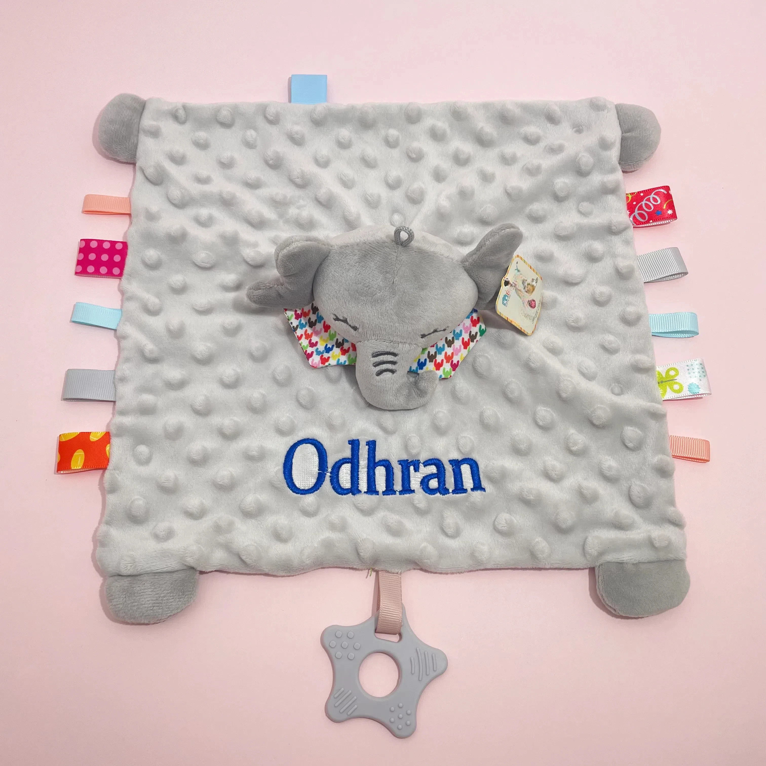 Personalisierte Baby-Elefant-Sicherheitsdecke mit Bio-Baumwoll-Silikon-Beißring, hypoallergene Geschenke für die Dusche von Neugeborenen – Detail 19