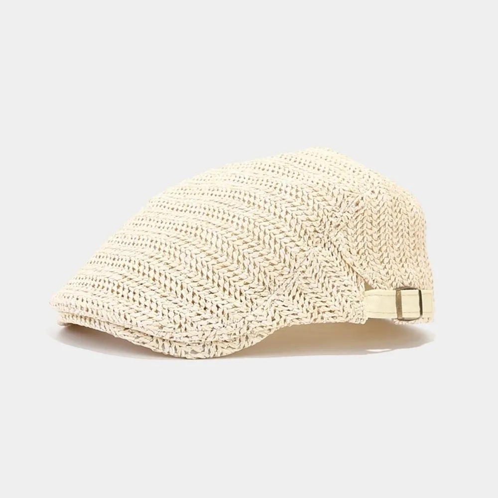 

Casual Hollow Straw Beret Flat Beach Straw Newsboy Cap Vacation Adjust Painter Beret Spring Summer