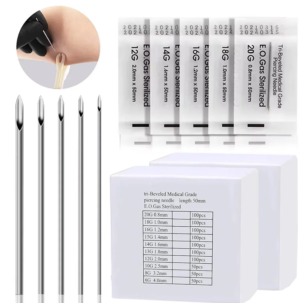 100/5PCS Body Piercing Needle 12G 14G 16G 18G 20G Surgical Steel Sterile Disposable Ear Nose Nipple Lip Piercing Needles Tool