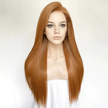 Long Glueless Silky Straight Caramel Brown Blonde 13x4 Lace Front Synthetic Hair Wigs Lolita Daily Wear Black Women Lace Wigs