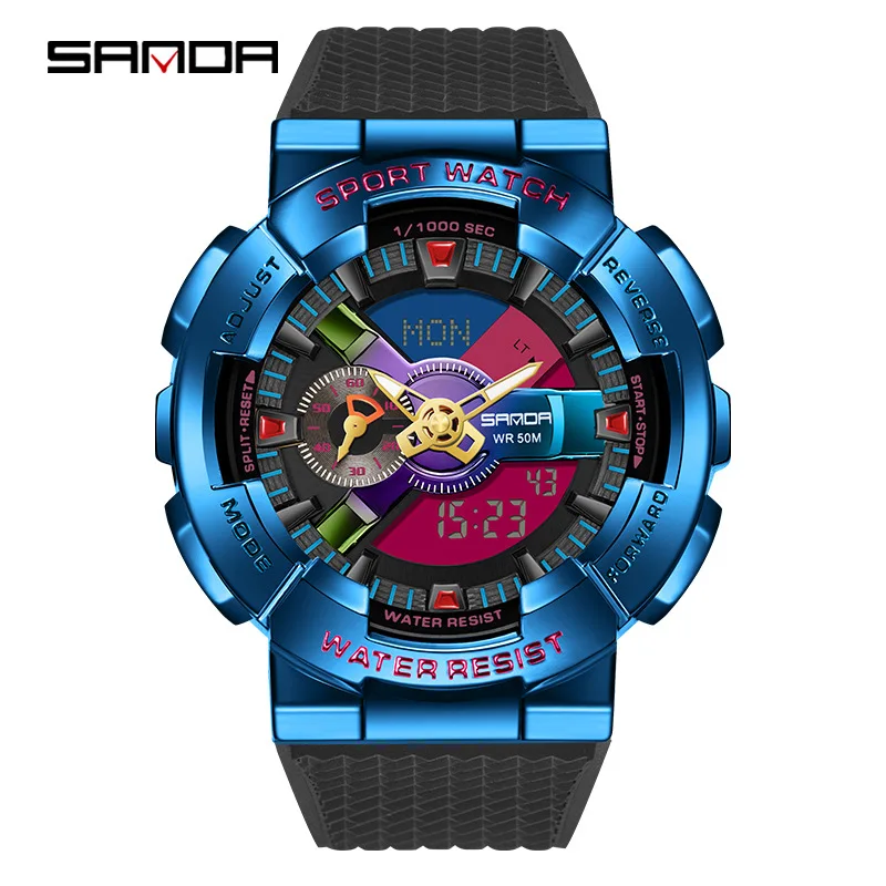 SANDA 9004 style hand lift lamp function personalità creativa orologio elettronico con movimento sincrono a doppio display da uomo