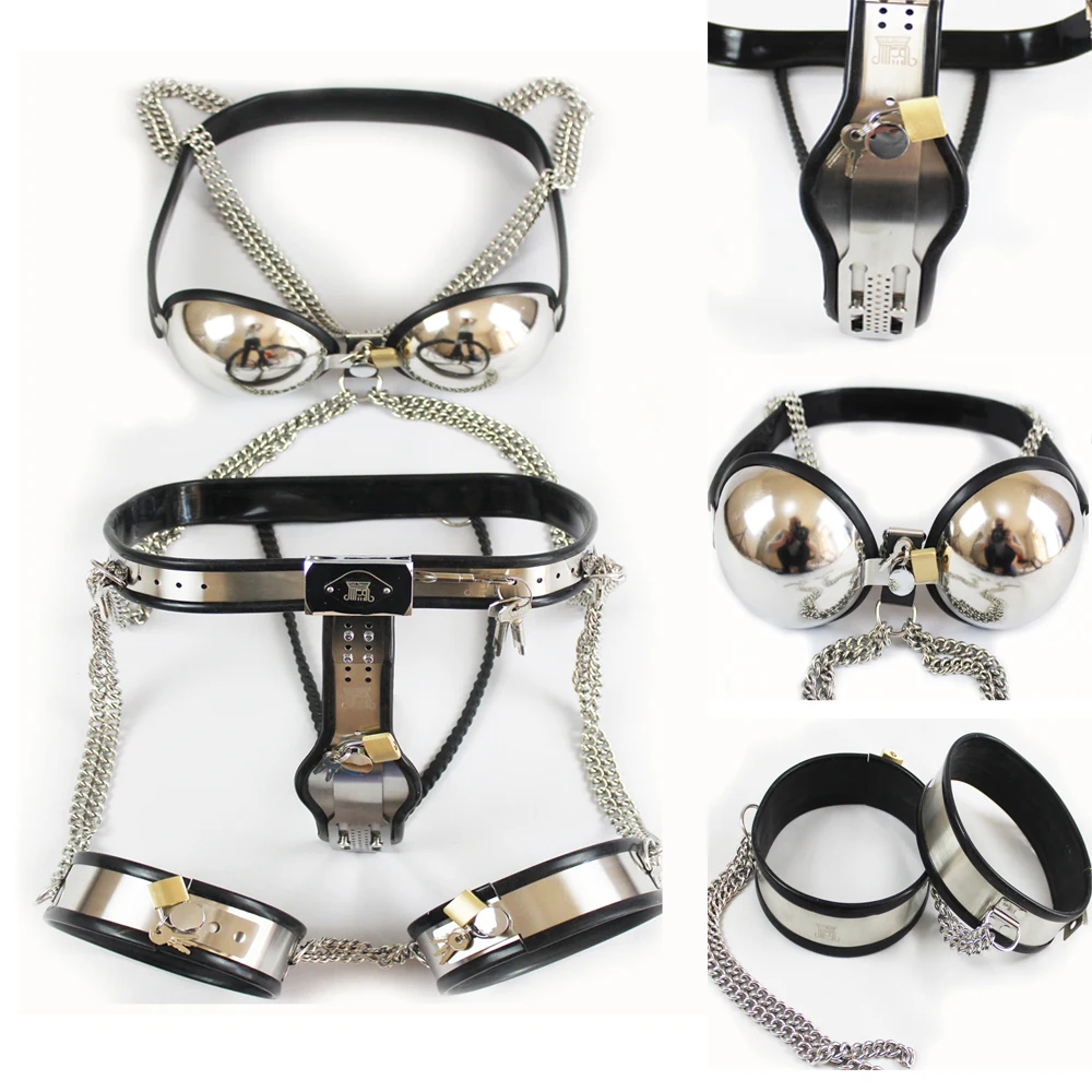 Female 3pcs Set Chastity Belt Device BDSM Bondage Stainless Steel Silicone Bra Underwear Thigh Ring Metal Kit Adult Erotic Toys