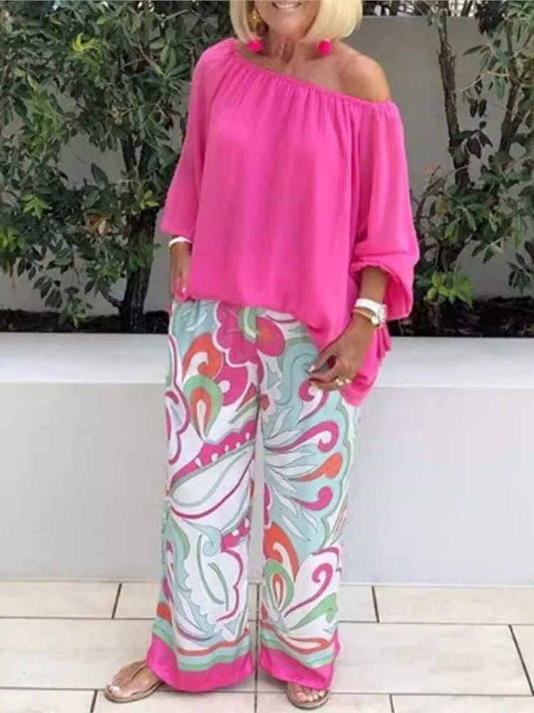 Spring Summer Elegant Sexy Off Shoulder Two Piece Set For Women Loose Printed Wide Leg Pants Lady Casual Vacation Sets 2024 New