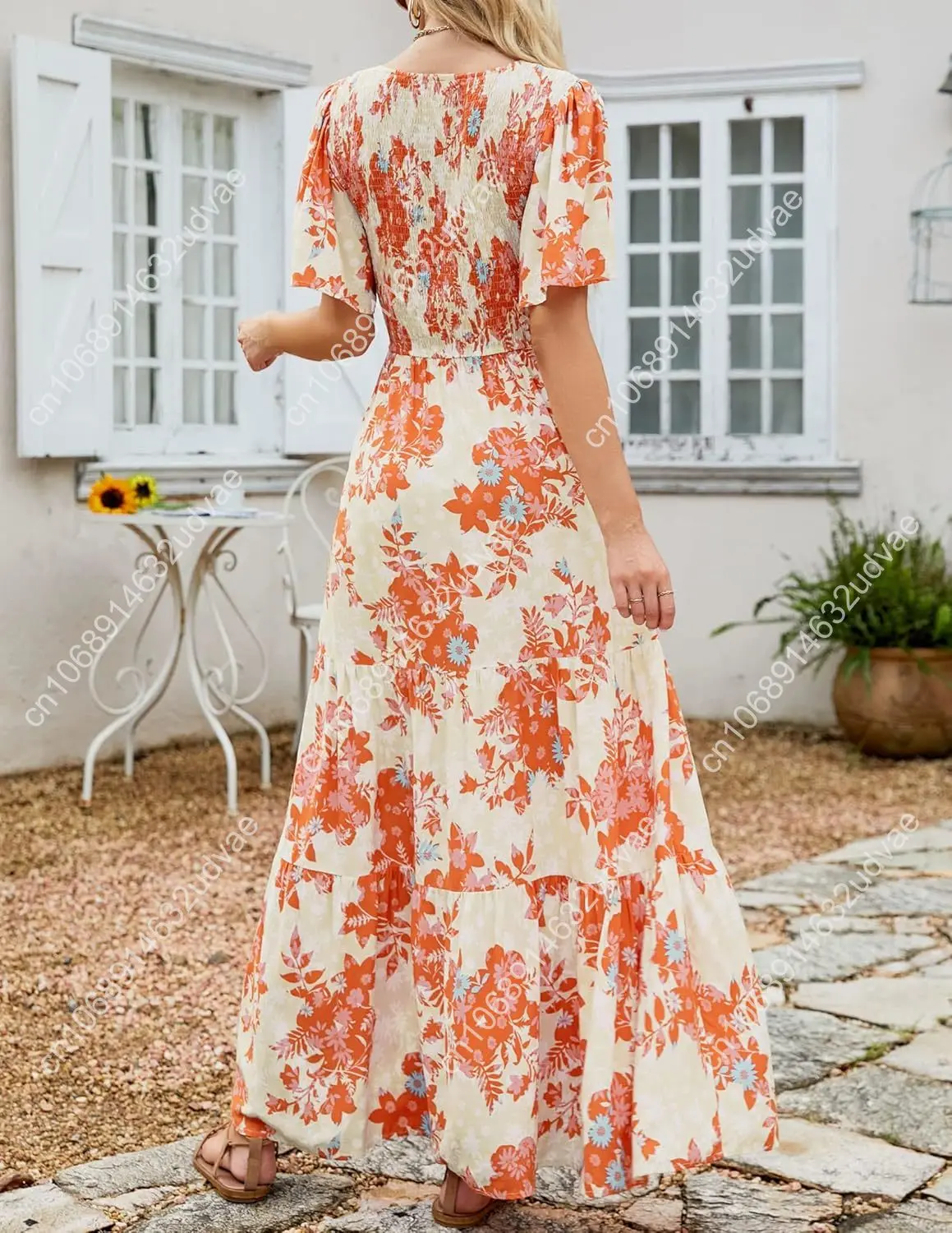 Abito lungo fluido da donna estivo 2025 con stampa floreale, maniche corte svolazzanti, girocollo, smock, vita alta