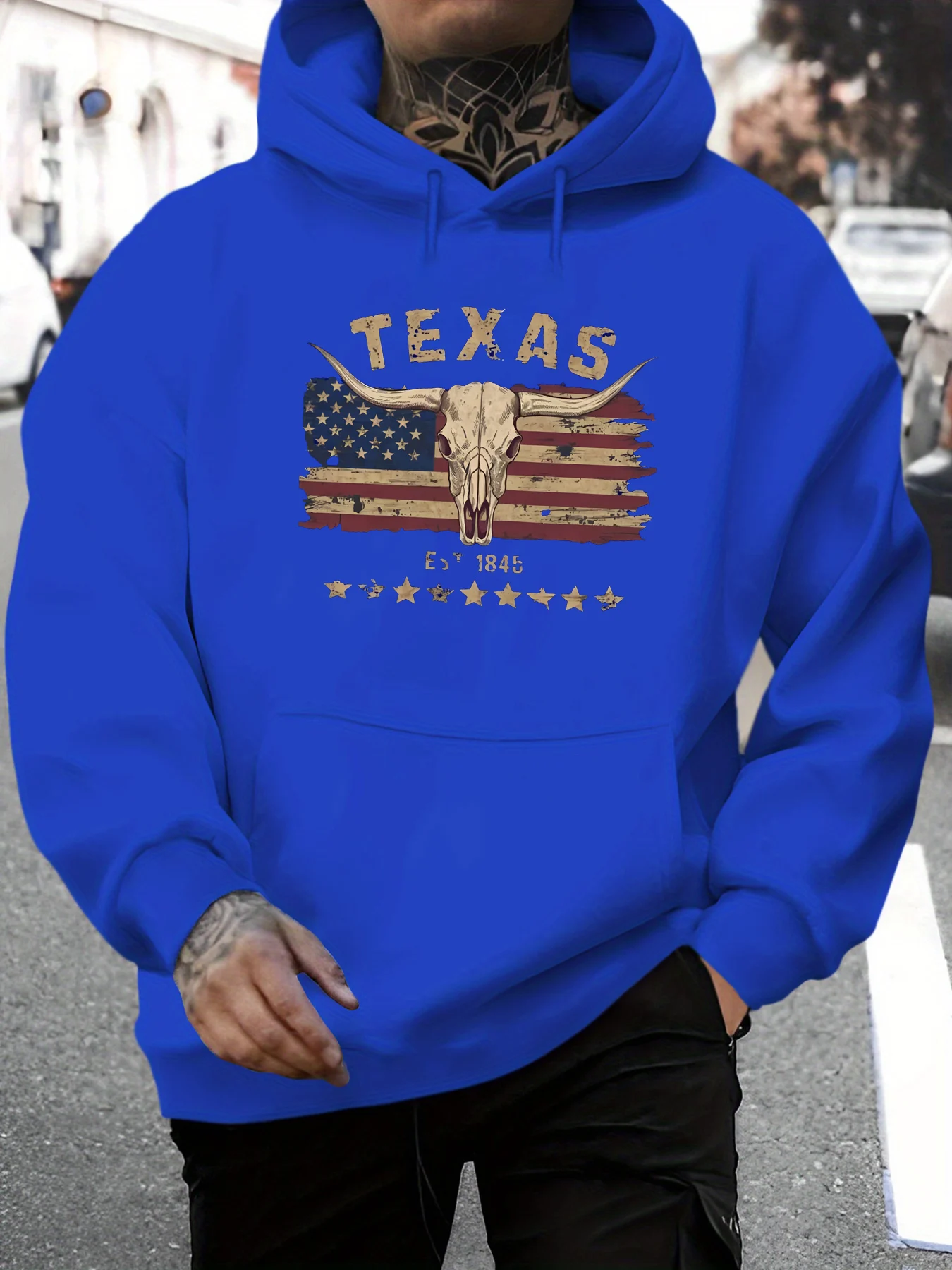 Outono e inverno masculino casual solto moletom com capuz com texas longhorned vaca crânio padrão manga comprida pulôver quente