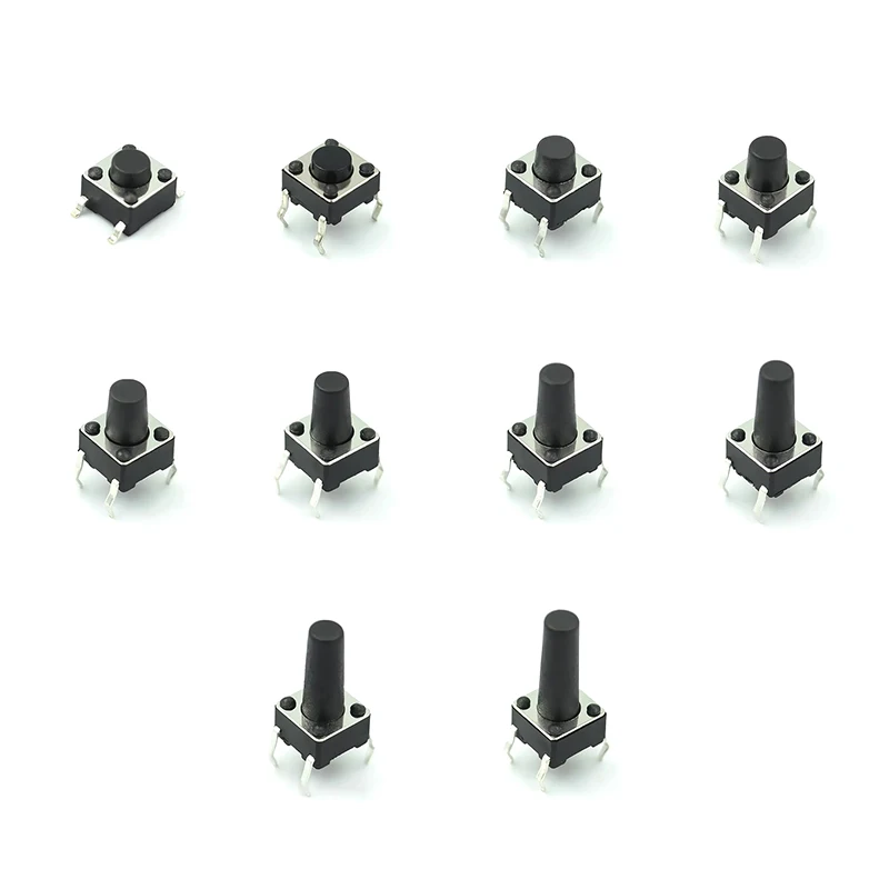 10 Value= 200pcs 6*6 Tact Switch Tactile Push Button Switch Kit, Height: 4.3MM~13MM DIP 4P Micro Switch 6x6 Key switch
