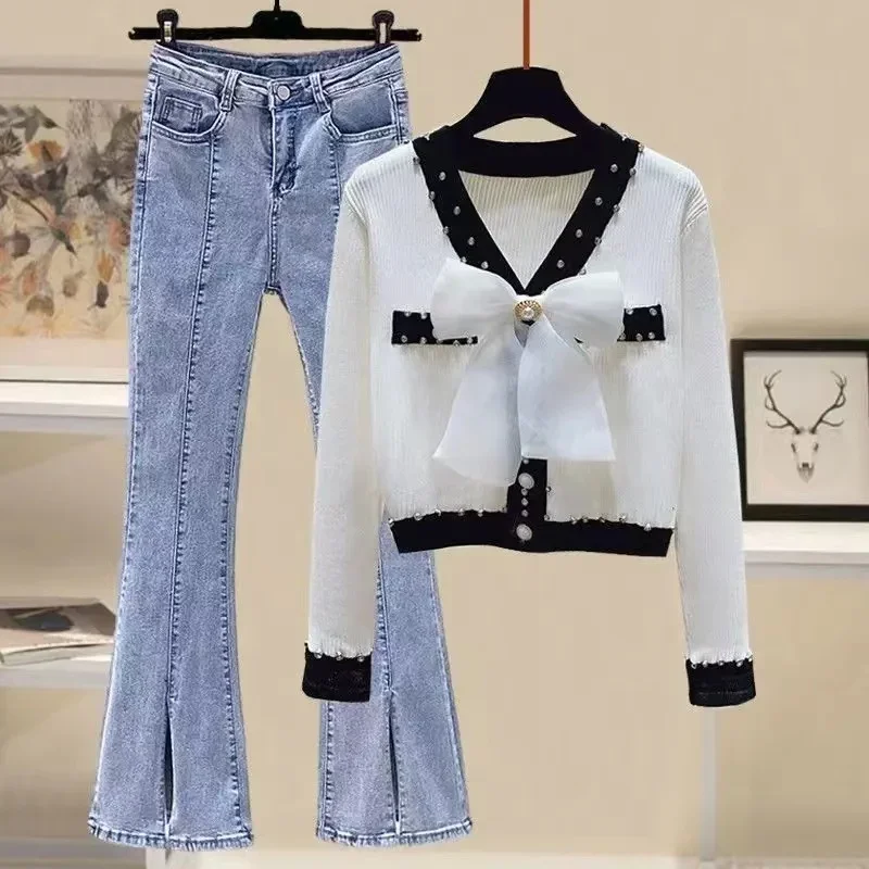 2024 Spring Korean Edition New Large Size Fashion Set Women's Bow Knitted Shirt Blue Black Micro Flared Pants Two Piece Set