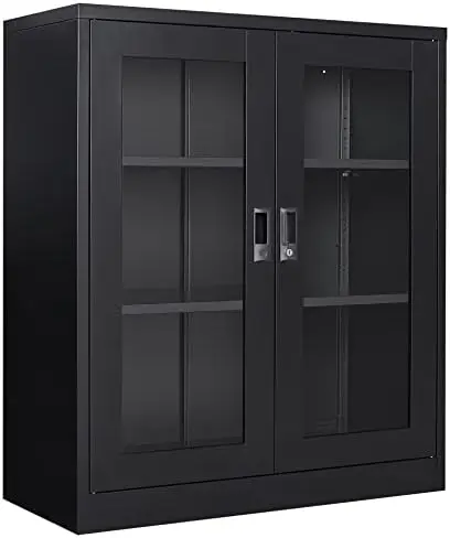 Black Metal Storage Cabinet with Doors and Shelves,36 inch Locking Display Cabinet with Acrylic Doors,Office Cabinets