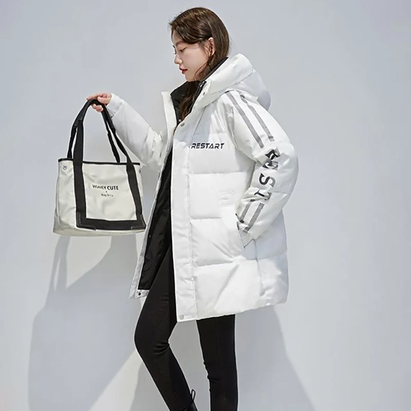 White Eiderdown Down  Temperament Long Winter New Online Celebrity Fashion Korean Version Of Hooded Loose Thick Coat Women