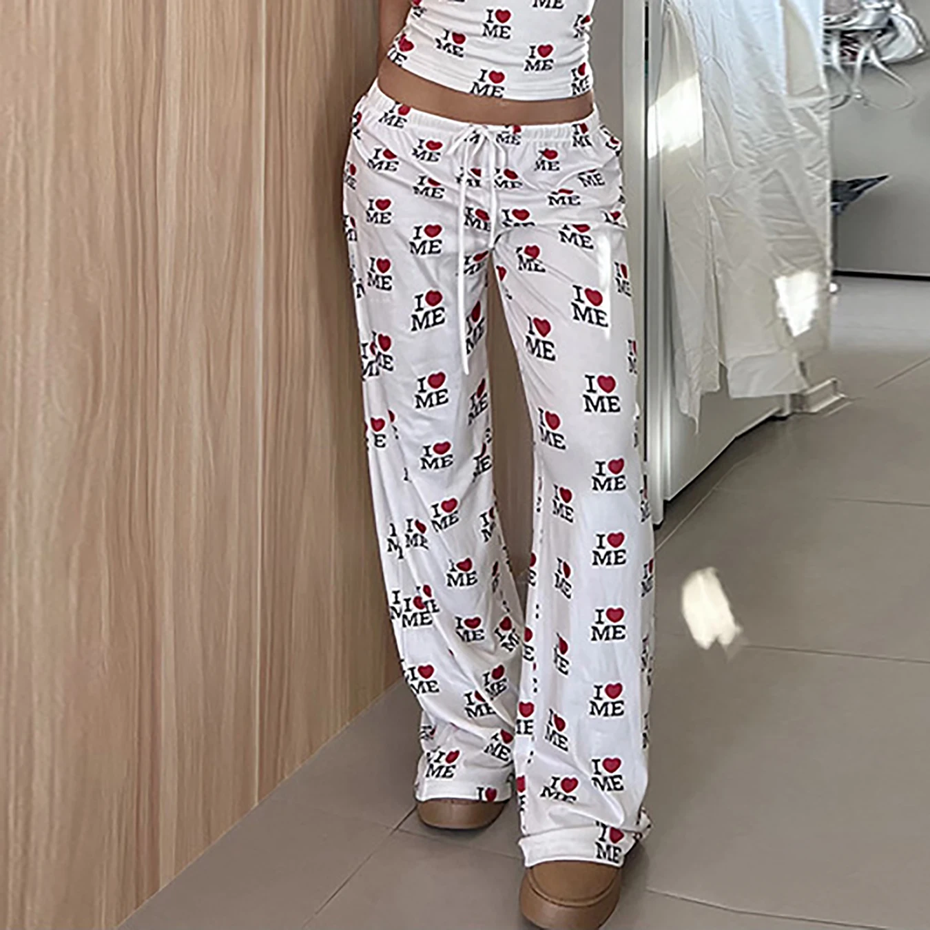 Women Autumn New Letter Printed Loose Casual Pants, Elastic Waist Drawstring Tie Streetwear Trousers