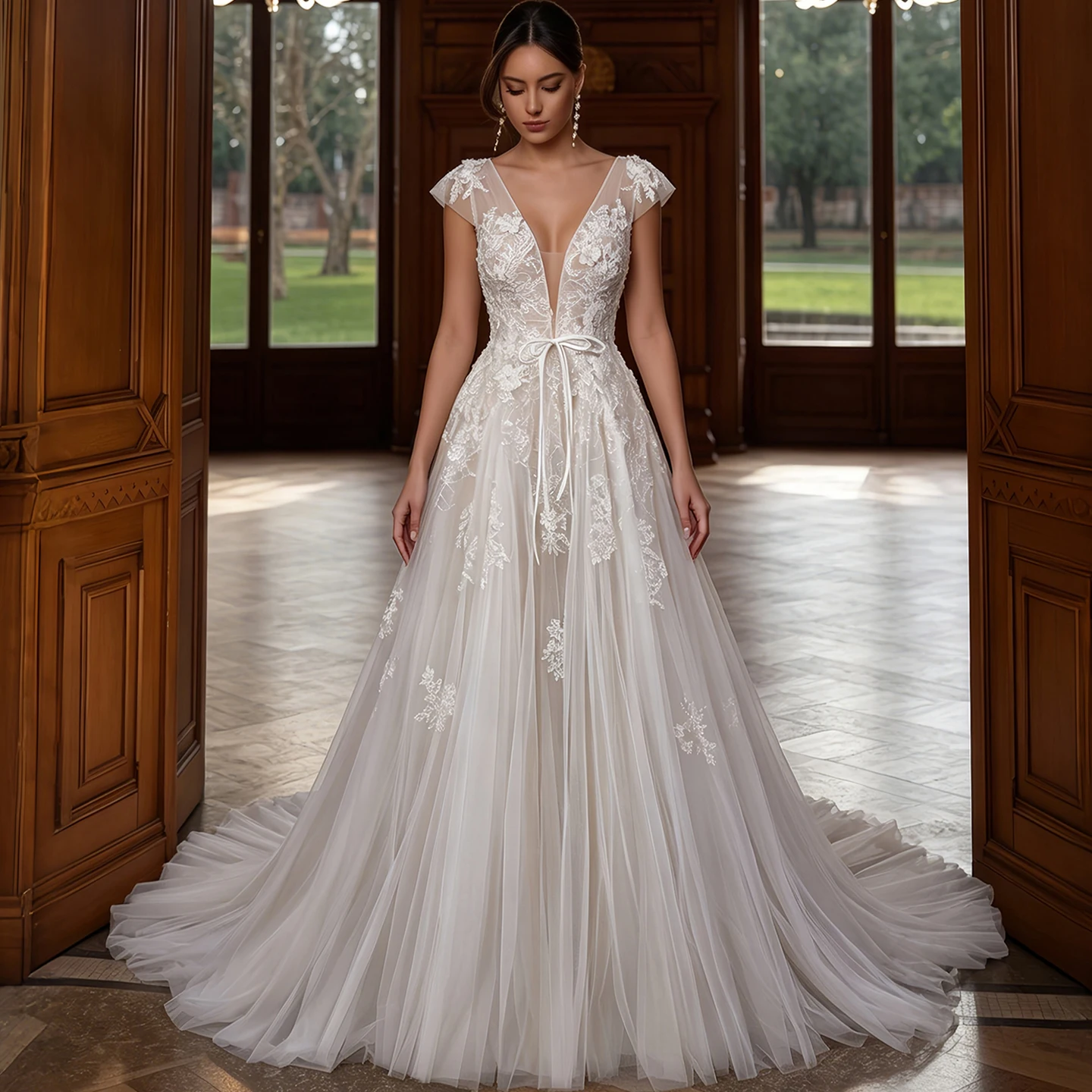 Sheer Fairy Romantic 3D Floral Wedding Dress with Lace Cap Sleeve A Line Women' s Elegant Bridal Gown Tie Waist SW711 Customized