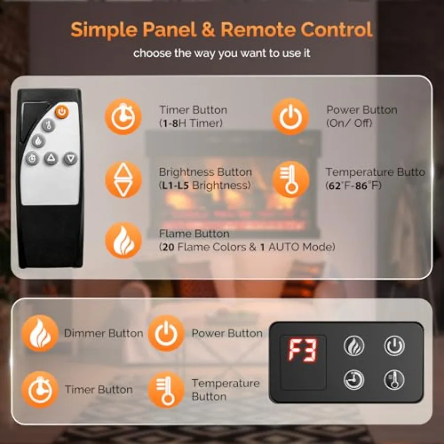 36 Inch 3-Sided Glass Electric Fireplace Insert with Remote Control Wall Mounted Recessed Heater 8H Timer 20 Flame Colors for I