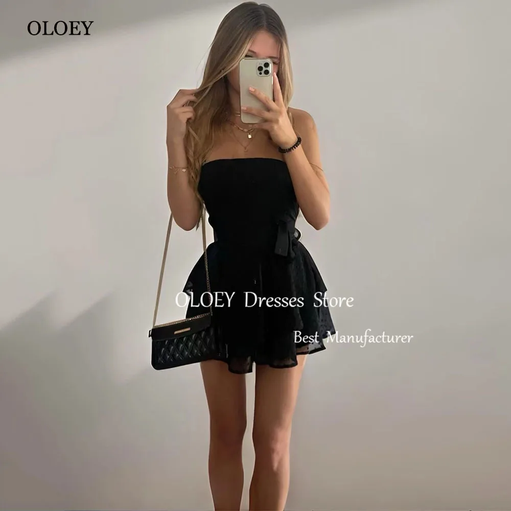 

OLOEY A-line Black Cocktail Dress Strapless Mini-Length Above The Knee Prom Dress Wedding Party Dress Summer Dress