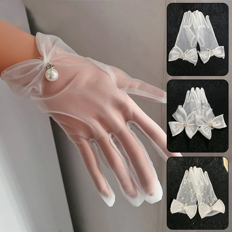 Elegant Ladies Lace Silk Bow Gloves Ultra Thin Stretchy Sheer Tulle Gloves Black White Mittens Bride Wedding Prom Party Supplies