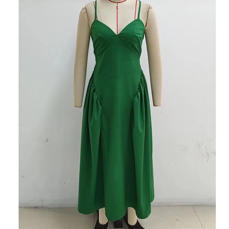 YENKYE Sexy Backless Back Cross Sling Green Dress Women Low Waist V Neck A-line Midi Summer Dress Chic Lady Vacation Vestidos