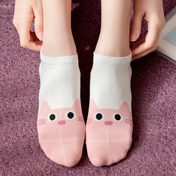 5 Pairs Women's Short Tube Socks Kitty Crew Low Tube Boat Sock Girls' Creative Printing Socks Cartoon Cute Kitten Ankle Socks