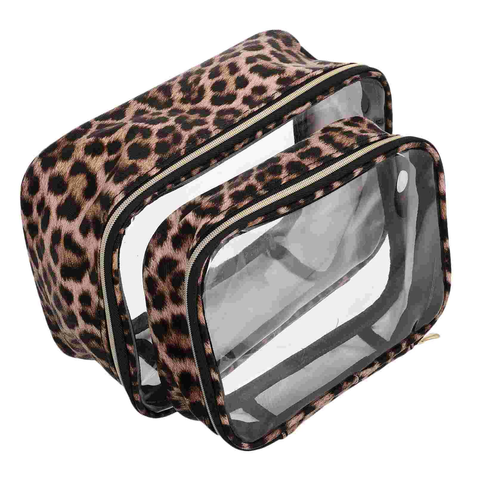 2 Pcs Wash Bag Clear Makeup Brushes Organizer Zipper Pouch Leopard Large Handbag Travel