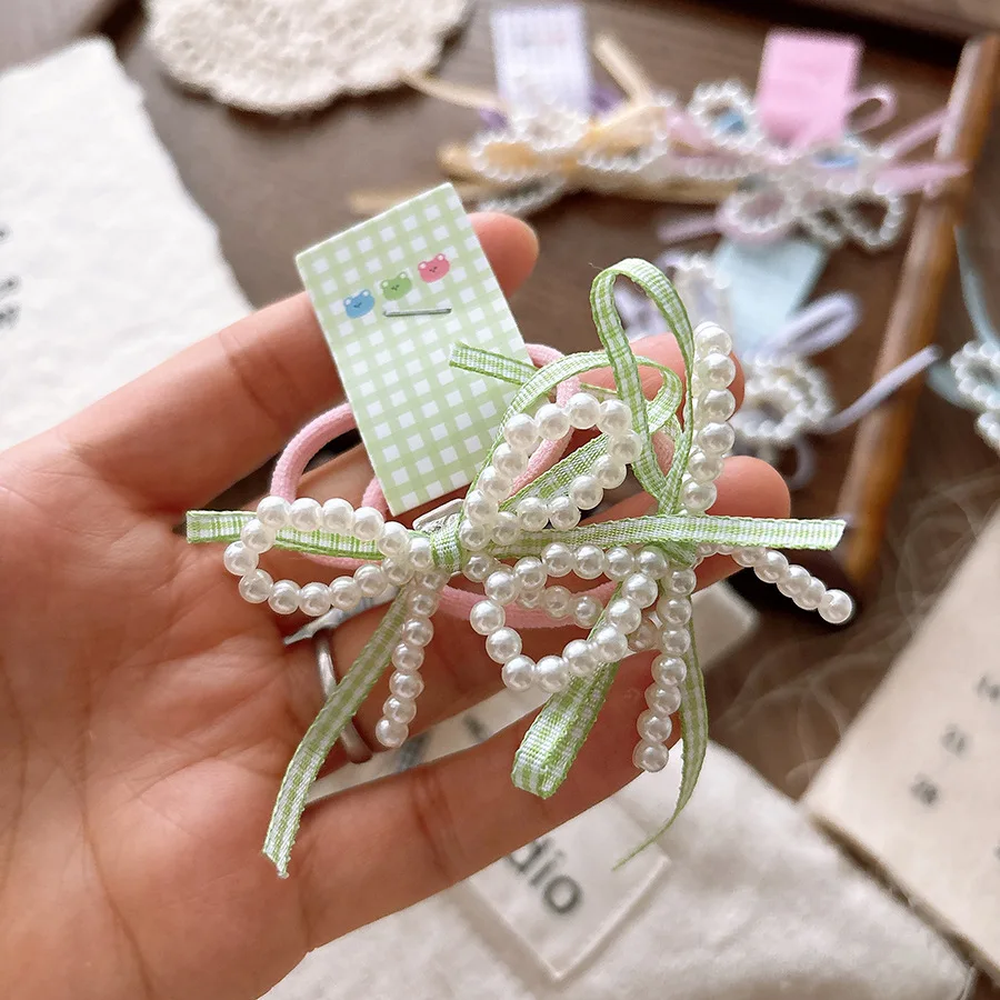 2pcs/set Sweet Candy Color Kids Girl Hair Band Pearl Bow Plaid Hair Rope for Children Kawaii Girl Headwear Hair Accessories