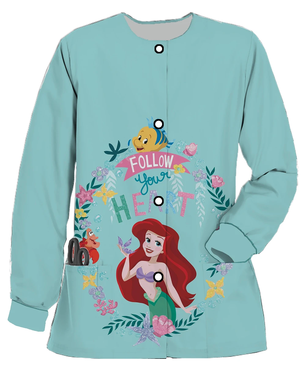 فستان نسائي جديد طويل الأكمام جراحي ديزني ارييل الأميرة حورية البحر طباعة جيب مزدوج سترة فضفاضة طبيب الأسنان ملابس العمل