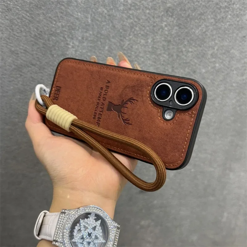 Luxury Cortex Deer Matte With Lanyard Phone Case For iPhone 11 12 13 14 15 16 Pro Max Plus X Xs Max XR Bumper Cases Back Cover