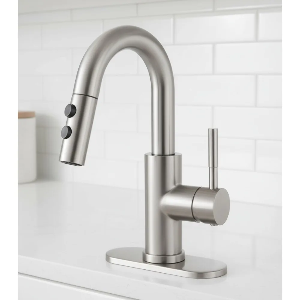

Pull Down Sprayer Bathroom Faucet, Brushed Nickel Single Handle with Pop-Up Drain, 1 or 3 Hole Installation