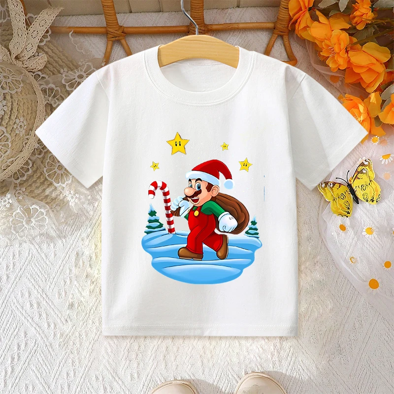 Camiseta de Super Mario de manga corta para niños y niñas, ropa de Navidad con bonitos dibujos, camisas estampadas a la moda para niños, regalos de fiesta de Navidad para niños