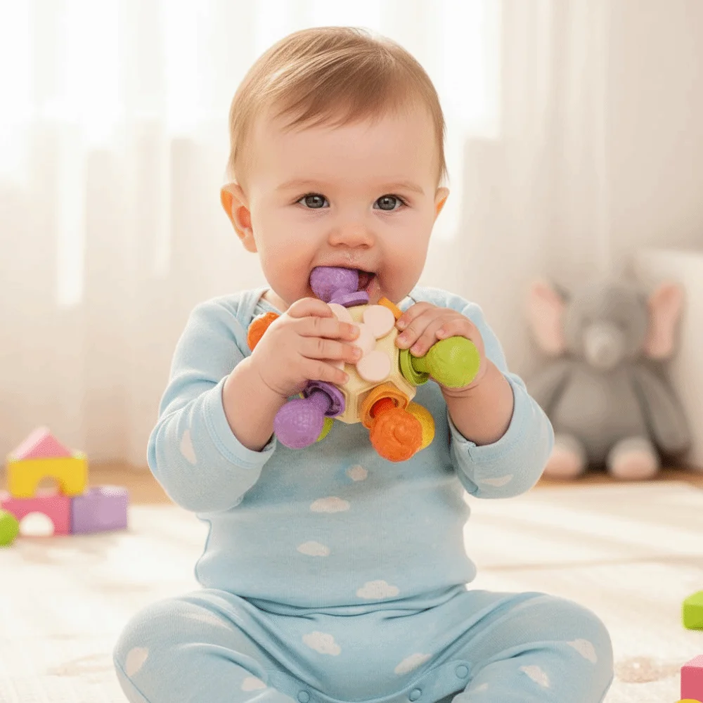 Soft Silicone Multi Sensory Ball Click Sound Chewable Infant Sensory Montessori Hand Grab Ball Round Ball Soft Silicone Chew
