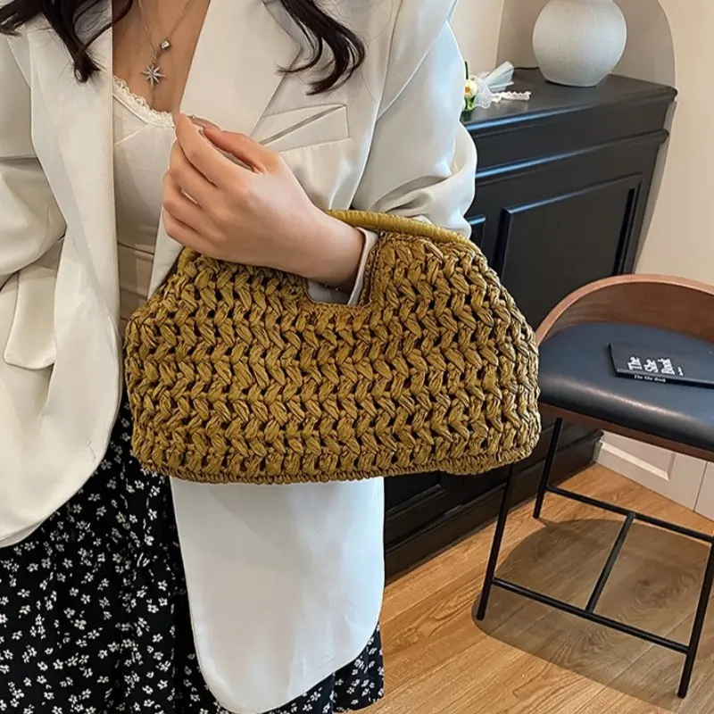 Elegant Luxury Woven Clutch Bag Large Capacity Simple Texture Women Handbag Straw Beach Bag Wallet Travel