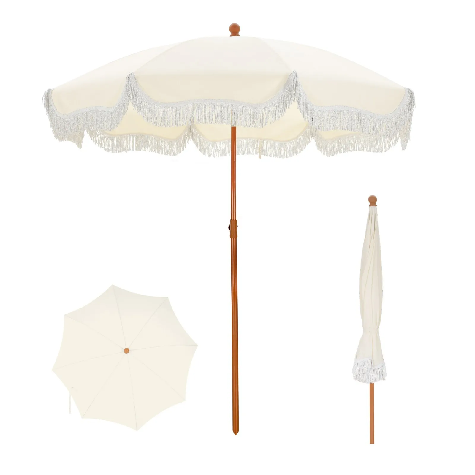 

7ft Beach Umbrella with Carry Bag Patio Outdoor Fringe Umbrella Crank Tilt