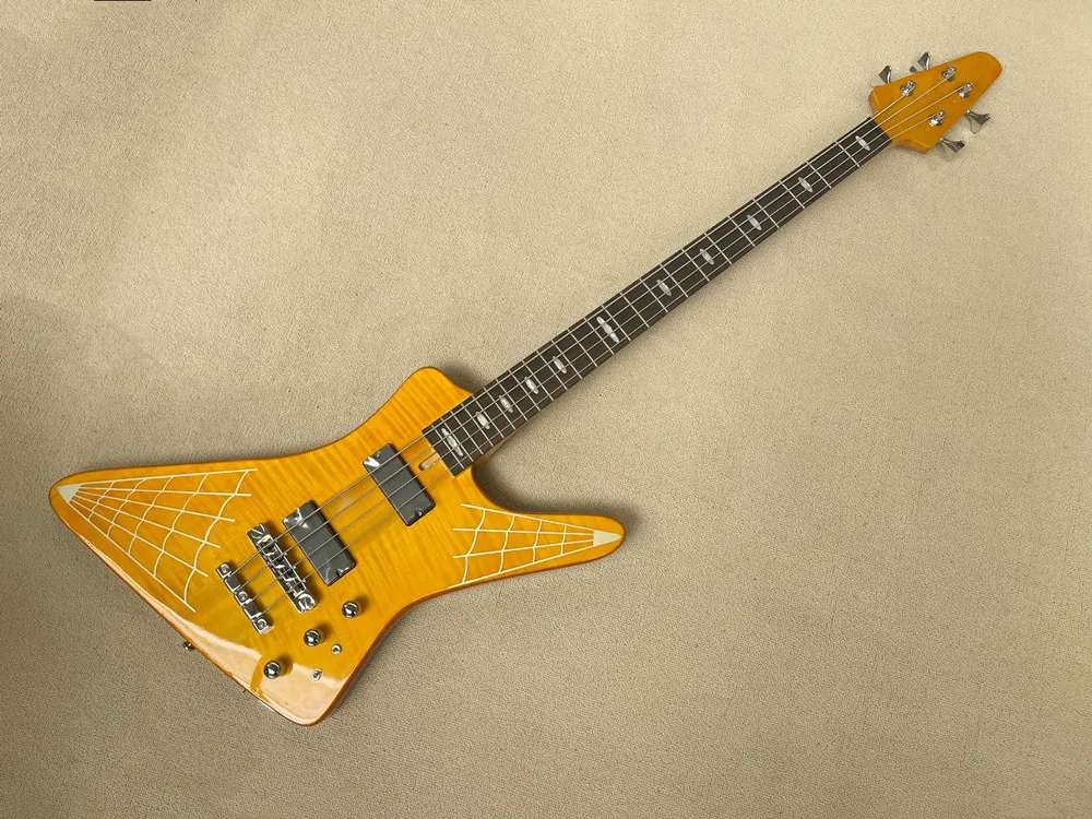 

Желтая 4-струнная электрическая бас-гитара с накладкой из палисандра, черным грифом через корпус, обеспечивающим индивидуальным сервисом