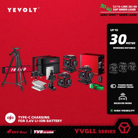 YEVOLT TP-YVGLL4XS-Series 그린 레이저 레벨, 12/16 라인 셀프 레벨링 360, 3D/4D 3/4 평면 전력 측정 도구-1.5M 삼각대 Best5