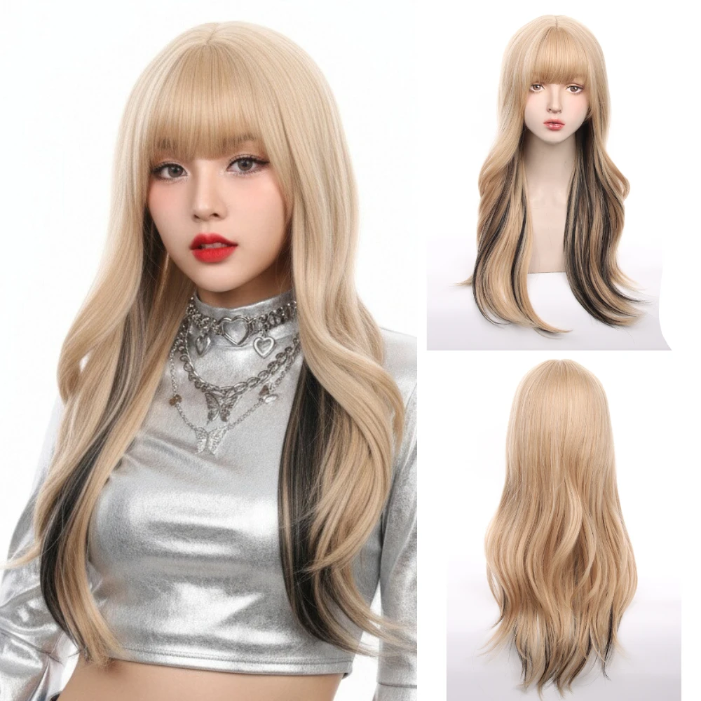 باروكة صناعية مقاومة للحرارة للنساء، طويلة مموجة، أشقر مختلط، نمط أسود مناسب للحفلات التنكرية والملابس اليومية