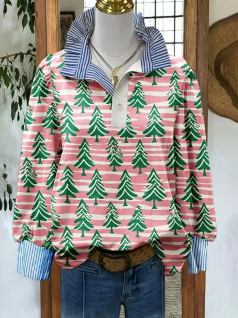 

Spring and Autumn Winter Women's Stand up Collar Shirt Long Sleeve, Creative Printed Holiday Travel Essential, Christmas Gift