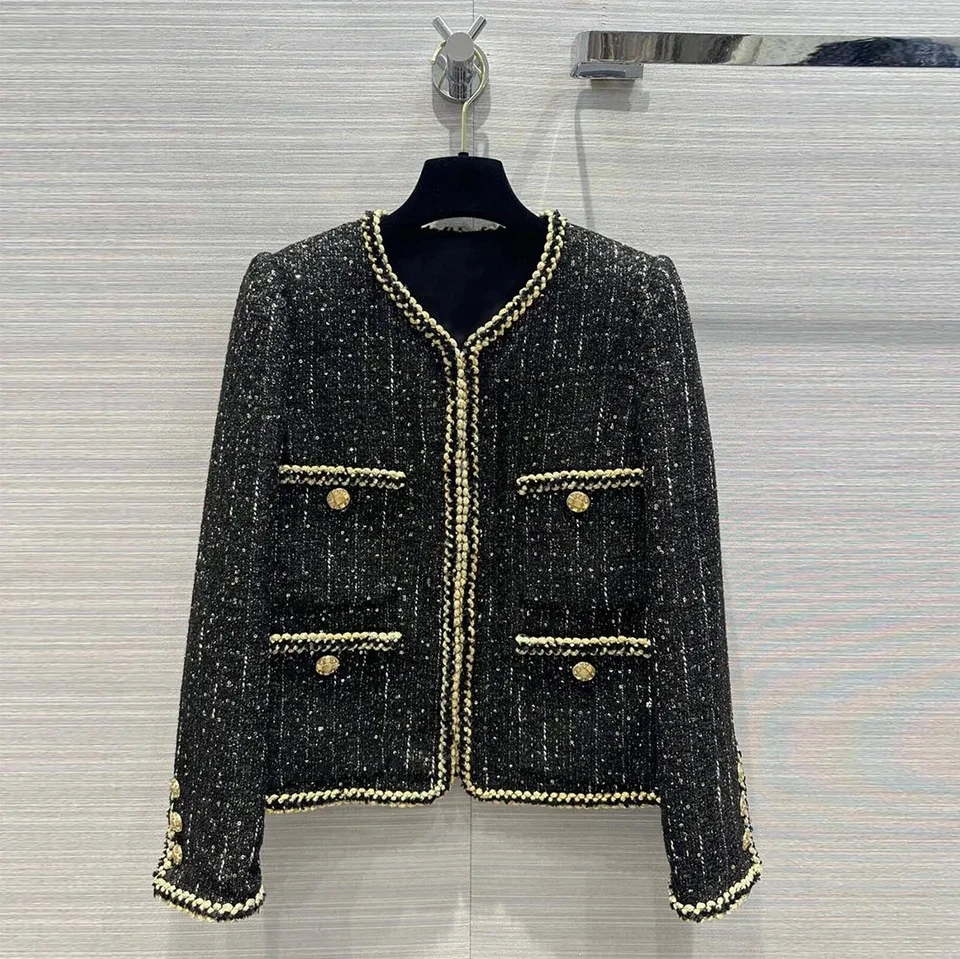 

Fashion Design Gold Thread Patchwork Sequins Tweed Jacket Women O-neck Long Sleeve Patchwork Pockets Vintage Coat