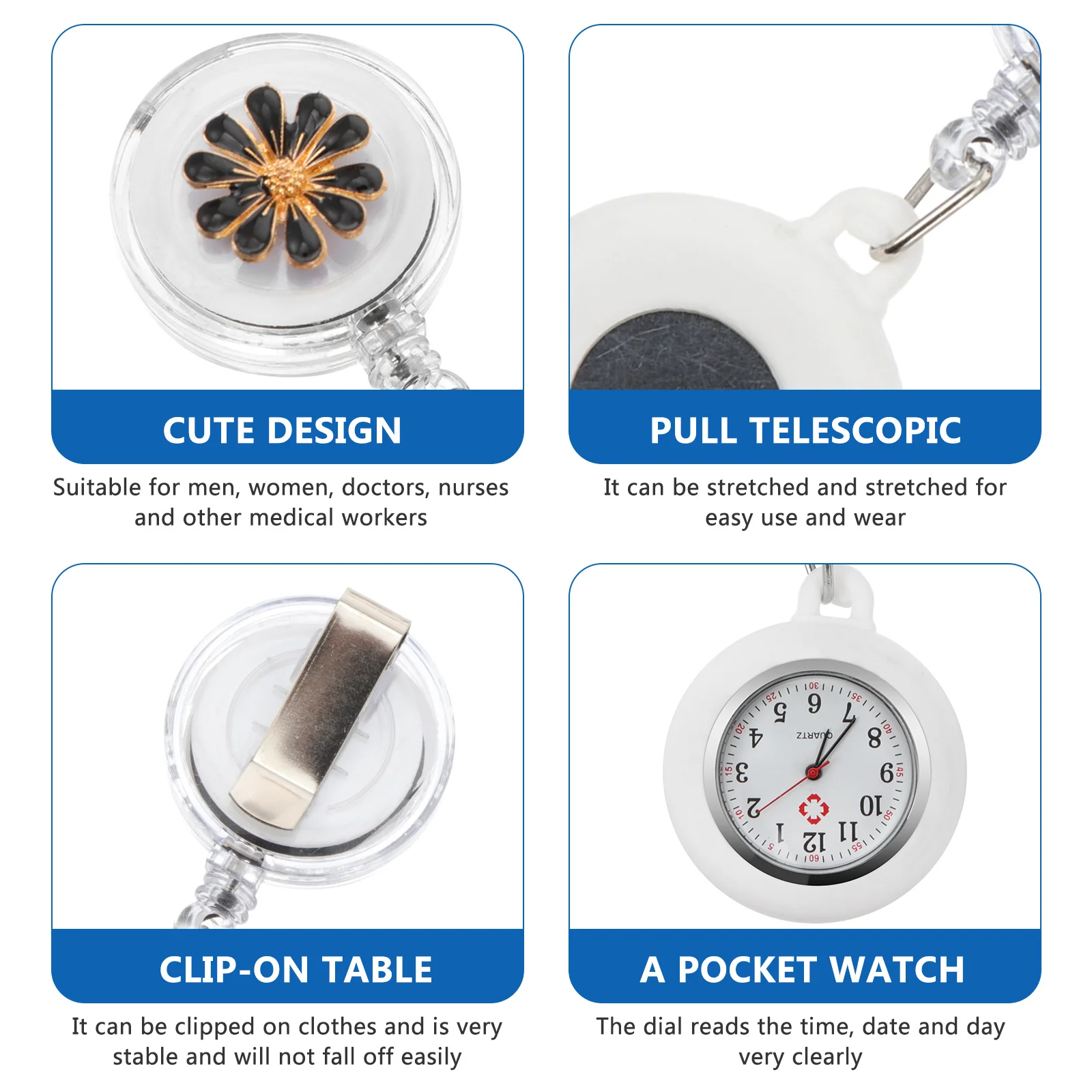 

Fashion Nurse Pocket Watch Super Transparent Glass Precise Timekeeping Adjustable Calendar Clip Style Ideal for Doctors Nurses