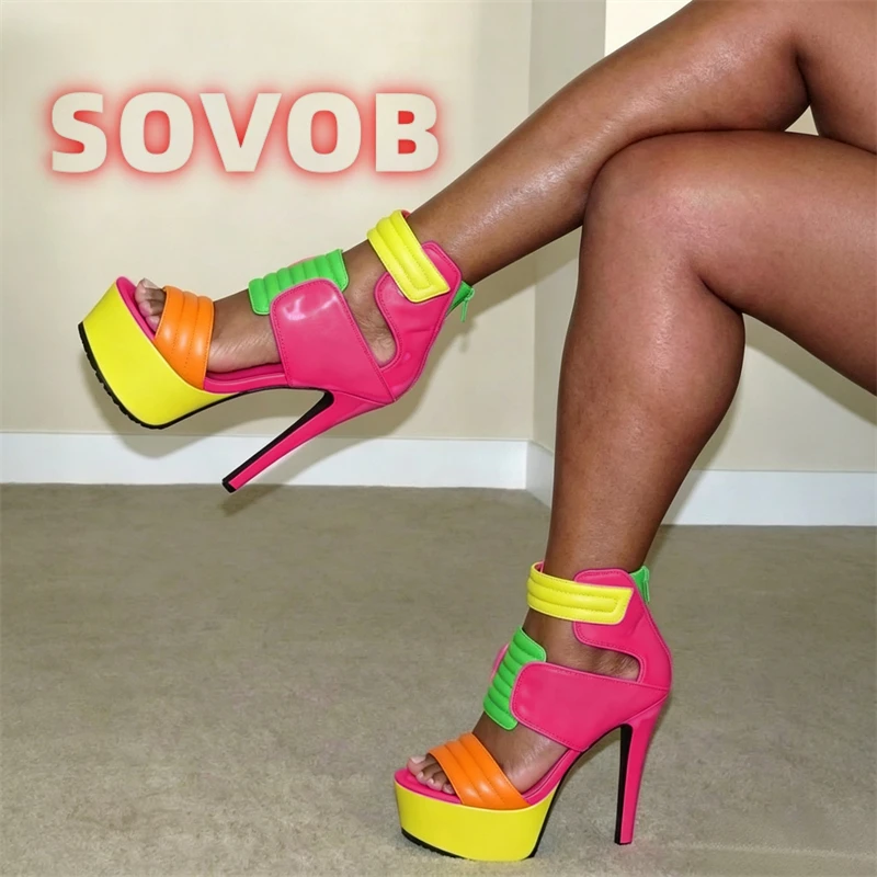 Neon Color Block Platform Sandals, Women Open Toe Ankle Cuff High Heels,Colorful Patchwork Cutout Sandals Pole Dance Shoes 45