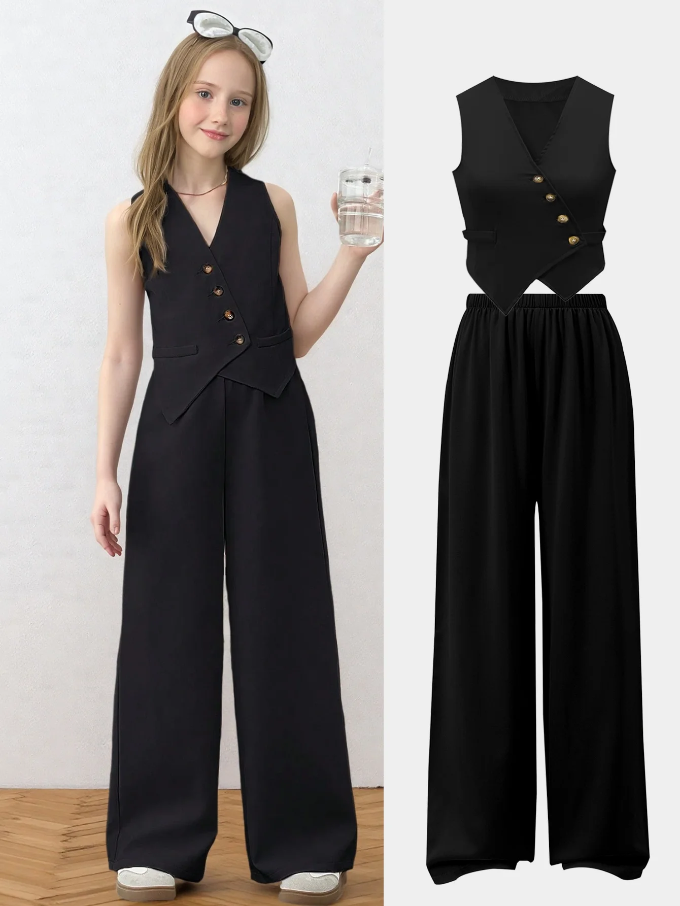 Girls' summer and autumn casual outfit, fashionable irregular hem vest top paired with straight-leg pants, children's black stylish pants set suitable for kids over 3 years old