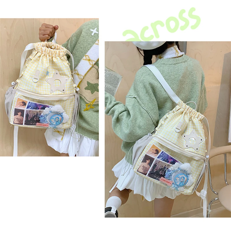 Tas Ransel Wanita HAEX Harajuku Plaid Tren 2025 Kasual Sehari-hari untuk Pelajar Mochilas Para Mujer Dopamine Clear Window Ita Bag Wanita
