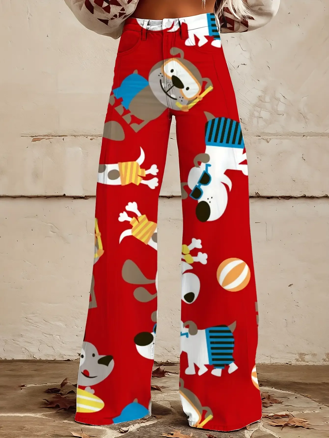 

Ladies' casual jeans with a variety of colorful western prints,Cute cartoon puppy print loose horn imitation jeans