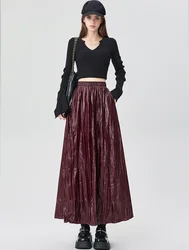 American Retro Wine Red Autumn Winter Pu Leather Maxi Skirt For Women 2024 High Waist Loose Vintage Fold Pleated Skirt Long Lady