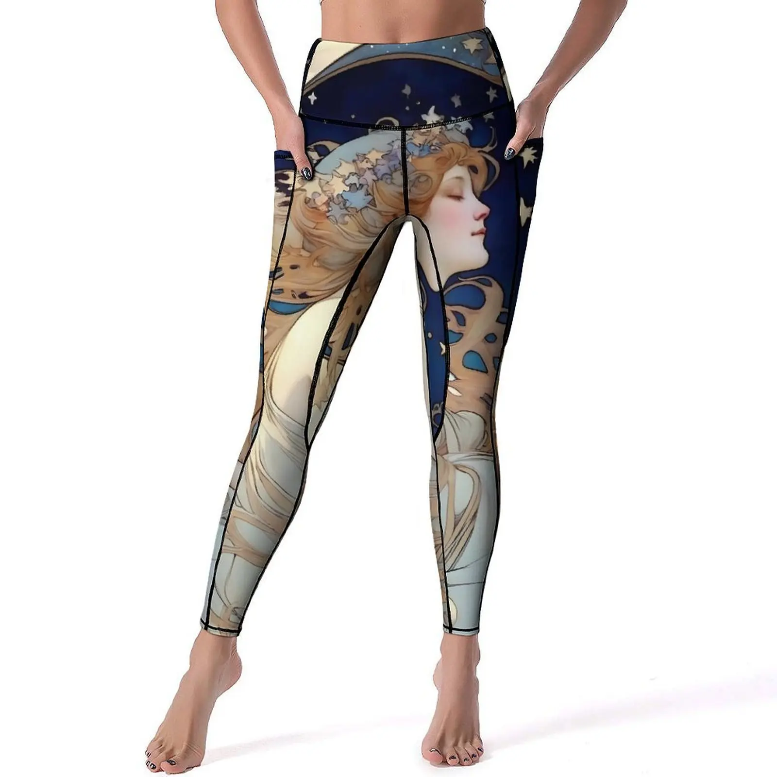 Art Nouveau Leggings Alphonse Mucha inspirierte Mond und Sterne Fitness Yoga Hose hohe Taille süße Leggins Stretch Sportstrumpfhose