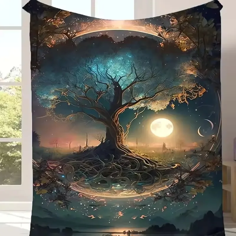 Mystical Tree of Life Throw Blanket  Full Moon Starry Night Fantasy Forest Scenery Art Decor for Sofa Bedroom Home Blanket
