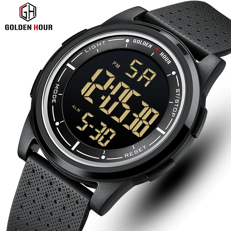 GOLDENHOUR Fashion Outdoor Sport Watch Men Multi-functional Alarm Clock Chrono 5Bar Waterproof Digital Watch Silicone  Strap