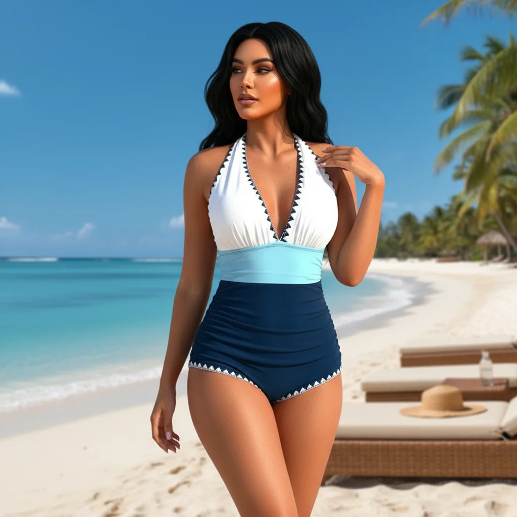 Conjunto de bikini y traje de baño modesto para mujer, traje de baño fruncido con frente en V y espalda descubierta, diseño floral de brotes, traje de baño ajustado con cuello en V para verano, conjunto de una pieza